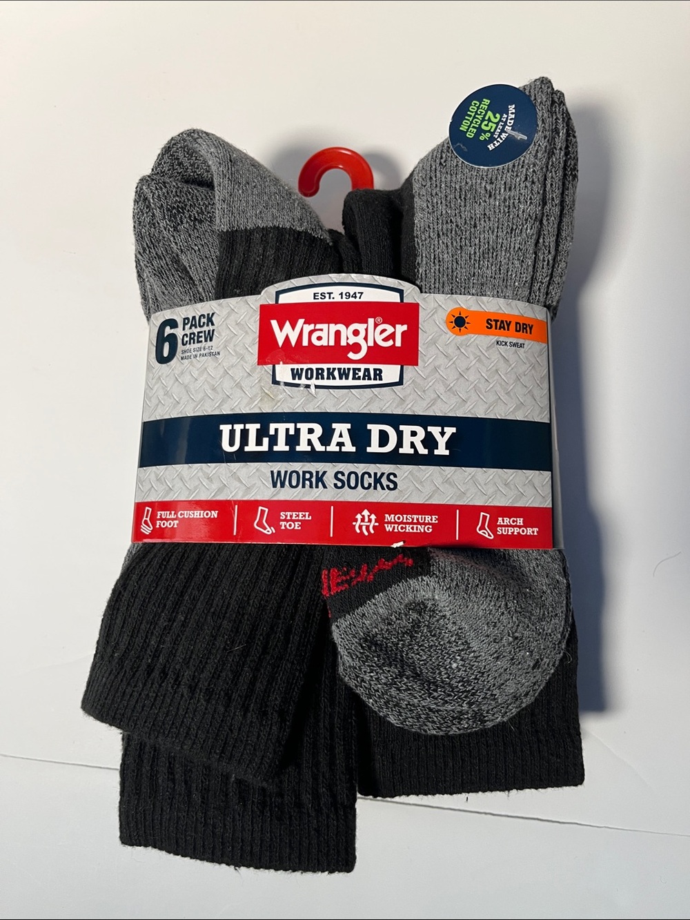 Wrangler Workwear Ultra Dry Crew Socks - Black & Gray (6 Pack)